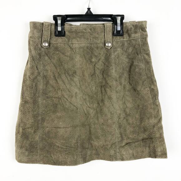 BlankNYC Women A Line Mini Moto Suede Skirt 25 Taupe Green Asymmetrical Zip FLAW - Picture 5 of 8